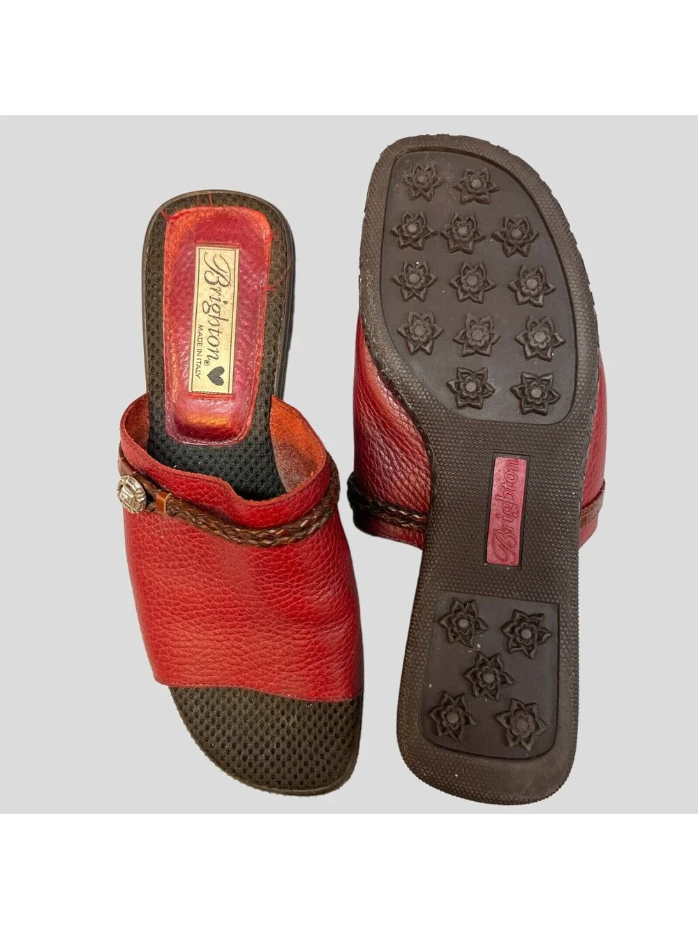 Brighton Size 7 Sandals Red Leather Slip On Open Toe Slide Low Heel Shoes Italy